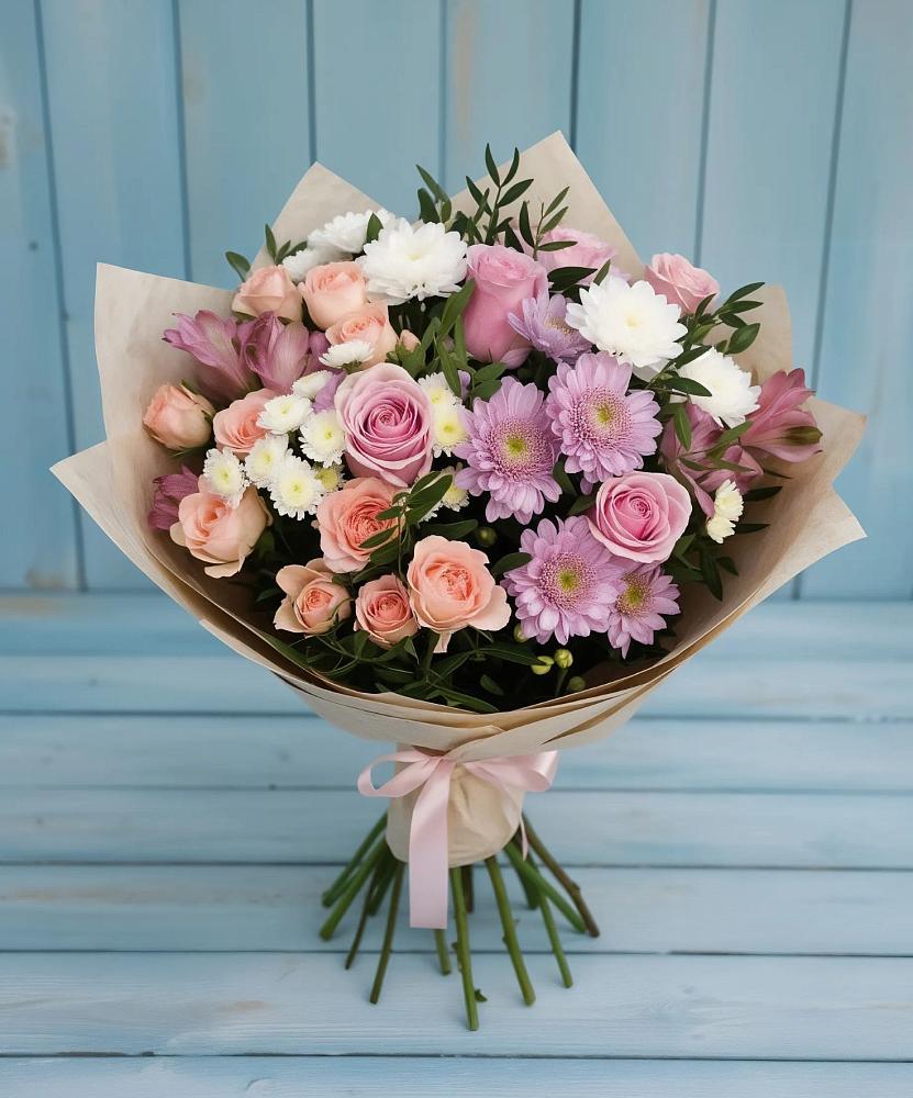 Букет цветов из: Хризантемы, Розы и Альстромерии в Марковский