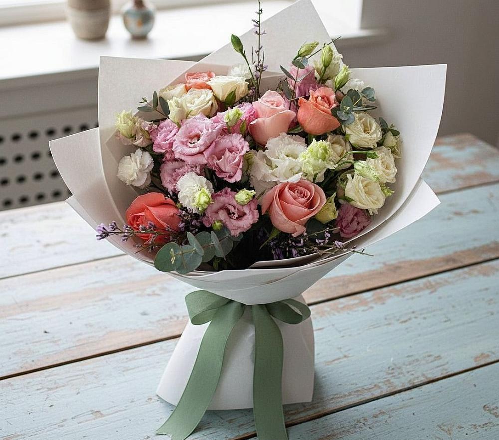 Букет цветов из: Розы, Лизиантусы и Гвоздики в Марковский